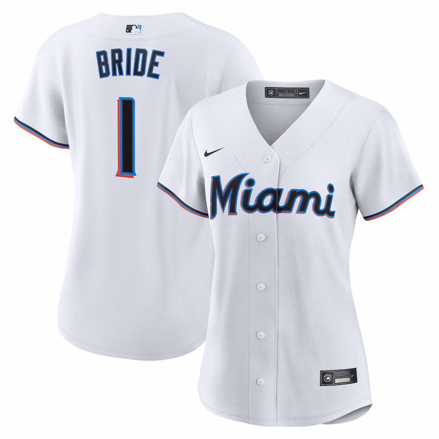 Women's Miami Marlins Nike White #1 Bride Home Replica Jersey - ujerseystore