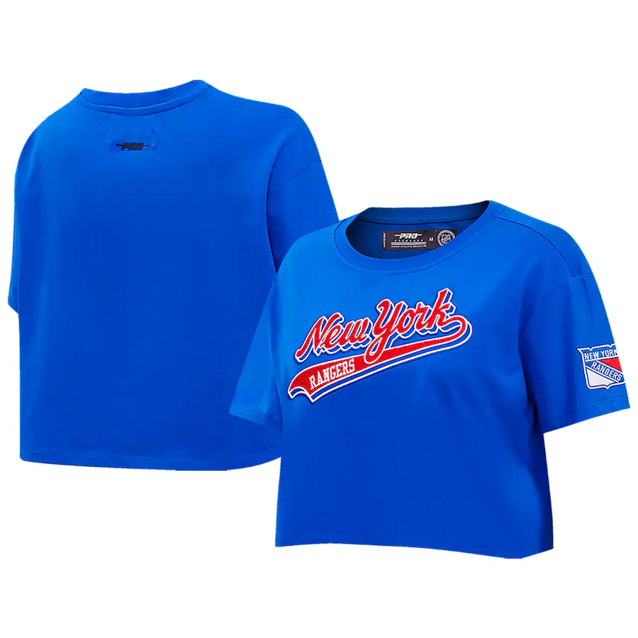 Women's New York Rangers Pro Standard Blue Boxy Script Tail Cropped T-Shirt - ujerseystore