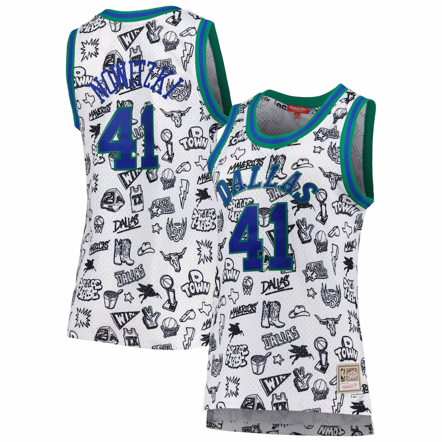 Women's Dallas Mavericks Dirk Nowitzki Mitchell & Ness White 1998 Doodle Swingman Jersey - ujerseystore