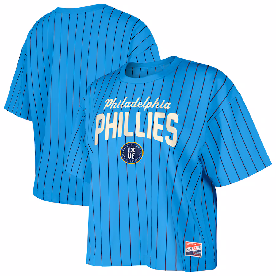 Women's Philadelphia Phillies New Era Light Blue City Connect Multiplier Pinstripe Cropped T-Shirt - ujerseystore