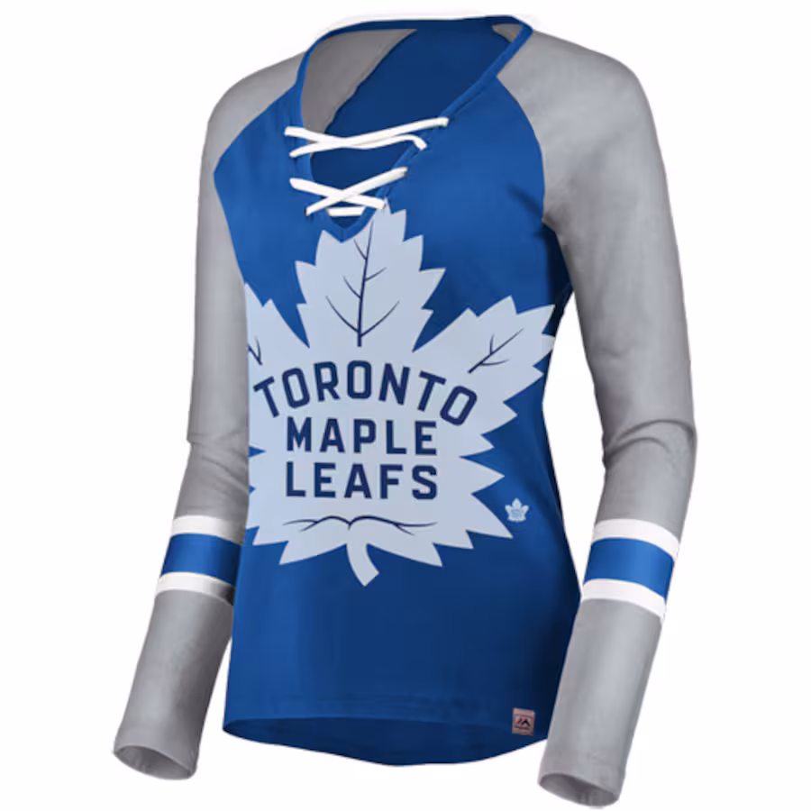 Women's Toronto Maple Leafs Majestic Blue/Gray The Lace Up Raglan Long Sleeve T-Shirt - ujerseystore