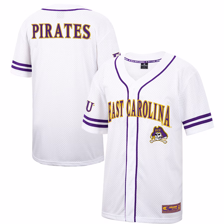 ECU Pirates Colosseum Free Spirited Mesh Button-Up Baseball Jersey - White - ujerseystore