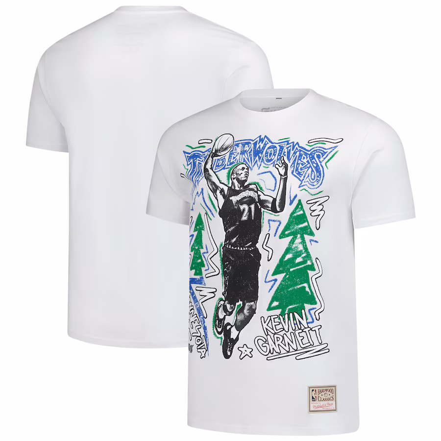Men's Minnesota Timberwolves Kevin Garnett Mitchell & Ness White Hardwood Classics Chalked Up T-Shirt - ujerseystore