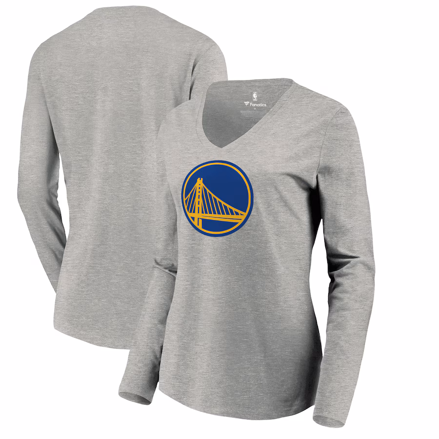 Women's Golden State Warriors Heather Gray Primary Logo Long Sleeve V-Neck T-Shirt - ujerseystore