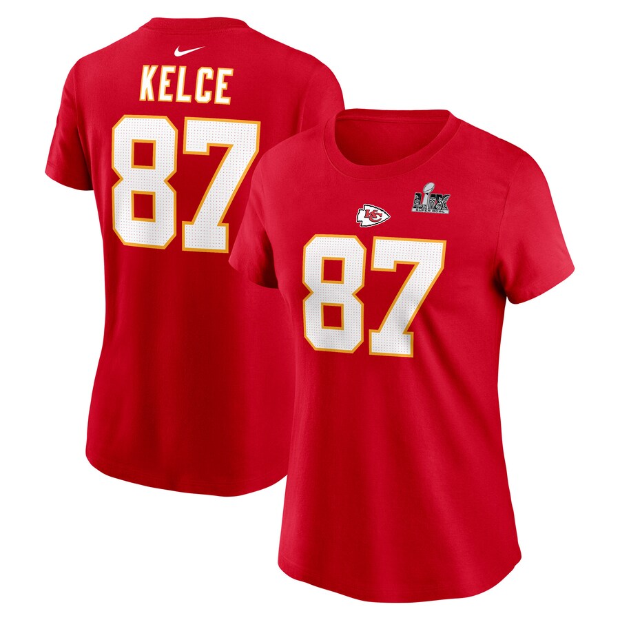 Women's Kansas City Chiefs Travis Kelce Nike Red Super Bowl LIX Name & Number T-Shirt - ujerseystore