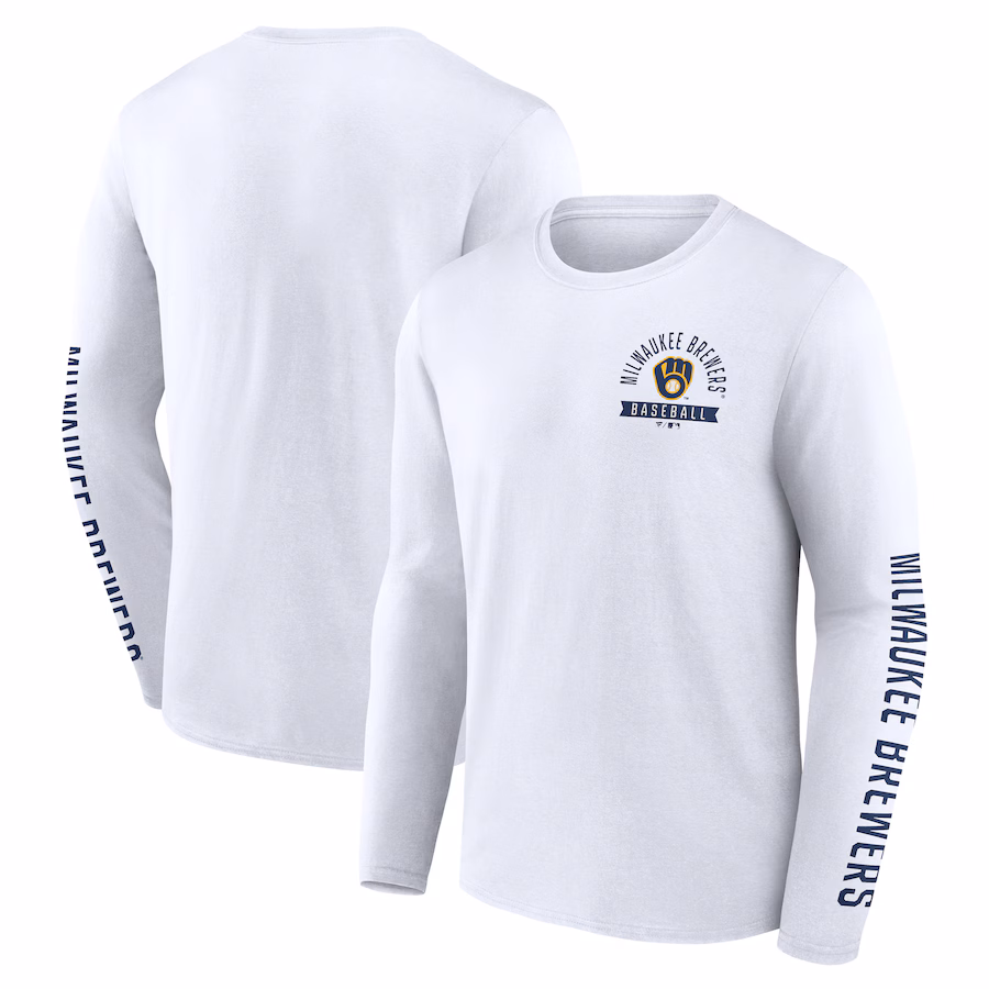 Men's Milwaukee Brewers Fanatics White Press Box Long Sleeve T-Shirt - ujerseystore