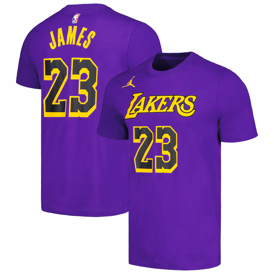 Men's Los Angeles Lakers LeBron James Jordan Brand Purple 2022/23 Statement Edition Name & Number T-Shirt - ujerseystore