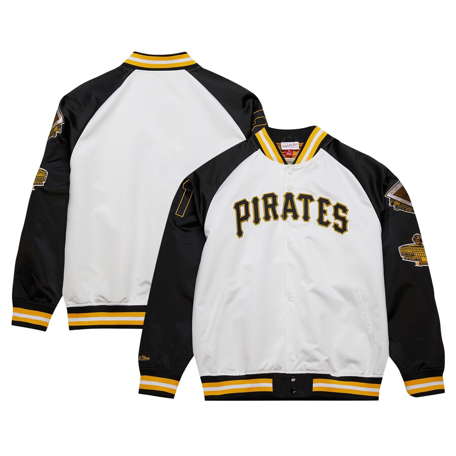 Men's Pittsburgh Pirates Roberto Clemente Mitchell & Ness White/Black Cooperstown Collection Legends Lightweight Satin Raglan Full-Snap Jacket - ujerseystore