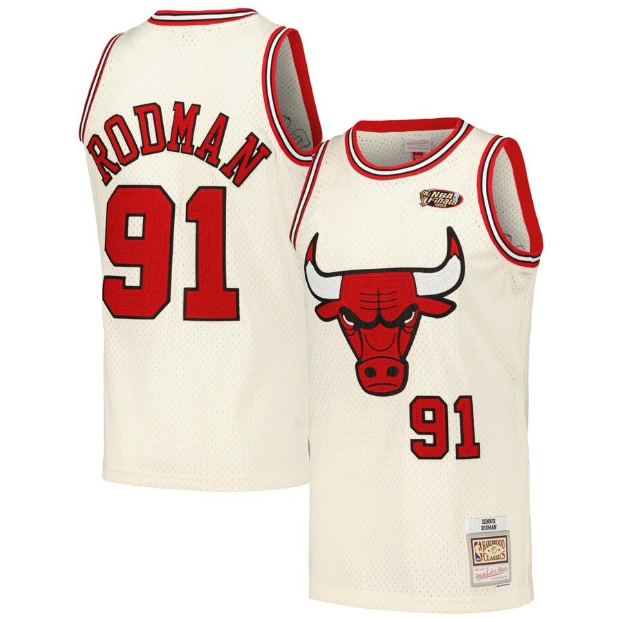 Men's Chicago Bulls Dennis Rodman Mitchell & Ness Cream Chainstitch Swingman Jersey - ujerseystore