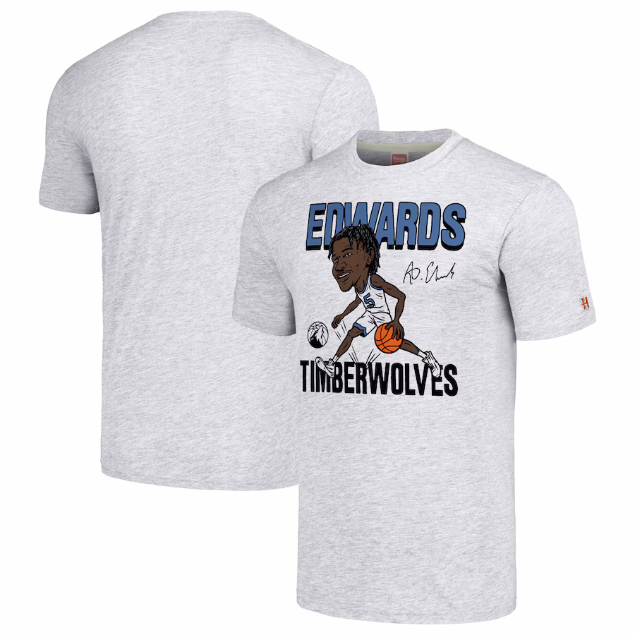 Men's Minnesota Timberwolves Anthony Edwards Homage Ash Caricature Tri-Blend T-Shirt - ujerseystore