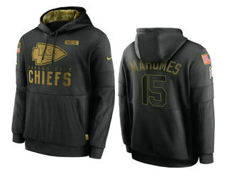 Men's Kansas City Chiefs #15 Patrick Mahomes Black 2020 Salute To Service Sideline Performance Pullover Hoodie - ujerseystore