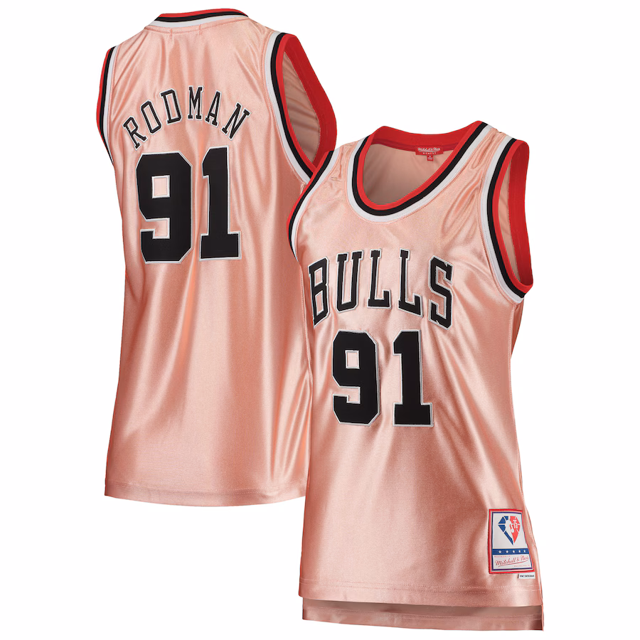 Women's Chicago Bulls Dennis Rodman Mitchell & Ness Pink 75th Anniversary Rose Gold 1997 Swingman Jersey - ujerseystore