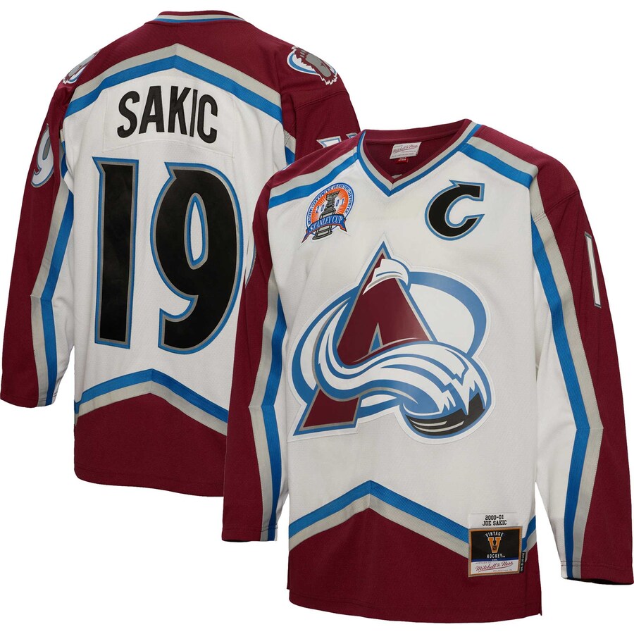 Men's Colorado Avalanche Joe Sakic Mitchell & Ness White 2000/01 Captain Patch Blue Line Player Jersey - ujerseystore