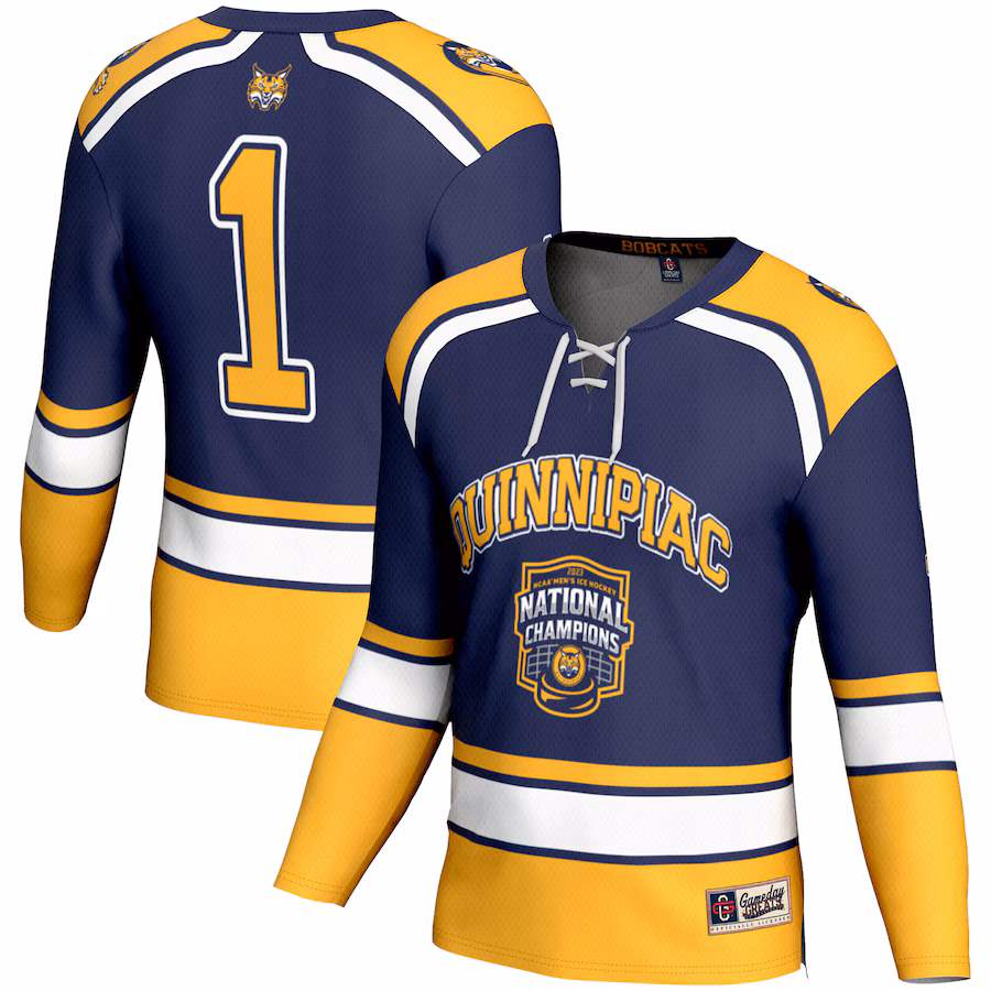 Youth GameDay Greats #1 Navy Quinnipiac Bobcats 2023 NCAA Men's Ice Hockey National Champions Hockey Jersey - ujerseystore
