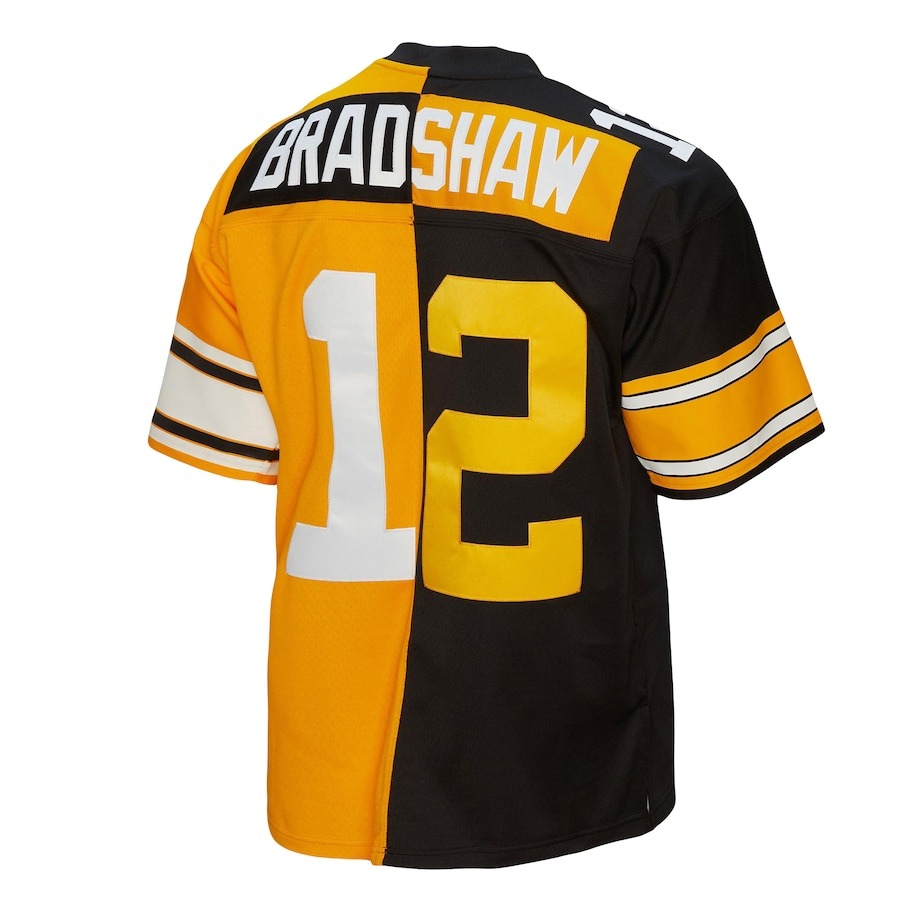 Men's Pittsburgh Steelers Terry Bradshaw Mitchell & Ness Black/Gold 1976 Split Legacy Replica Jersey - ujerseystore