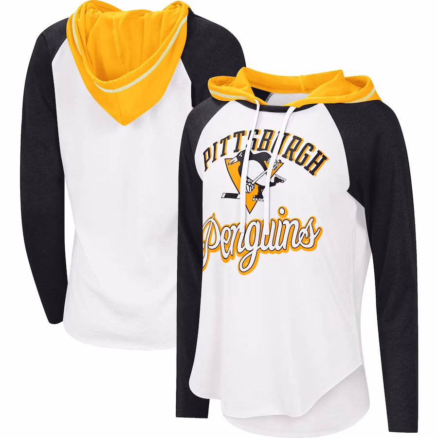 Women's Pittsburgh Penguins G-III Sports by Carl Banks White/Heather Black MVP Raglan Lightweight Hooded T-Shirt - ujerseystore
