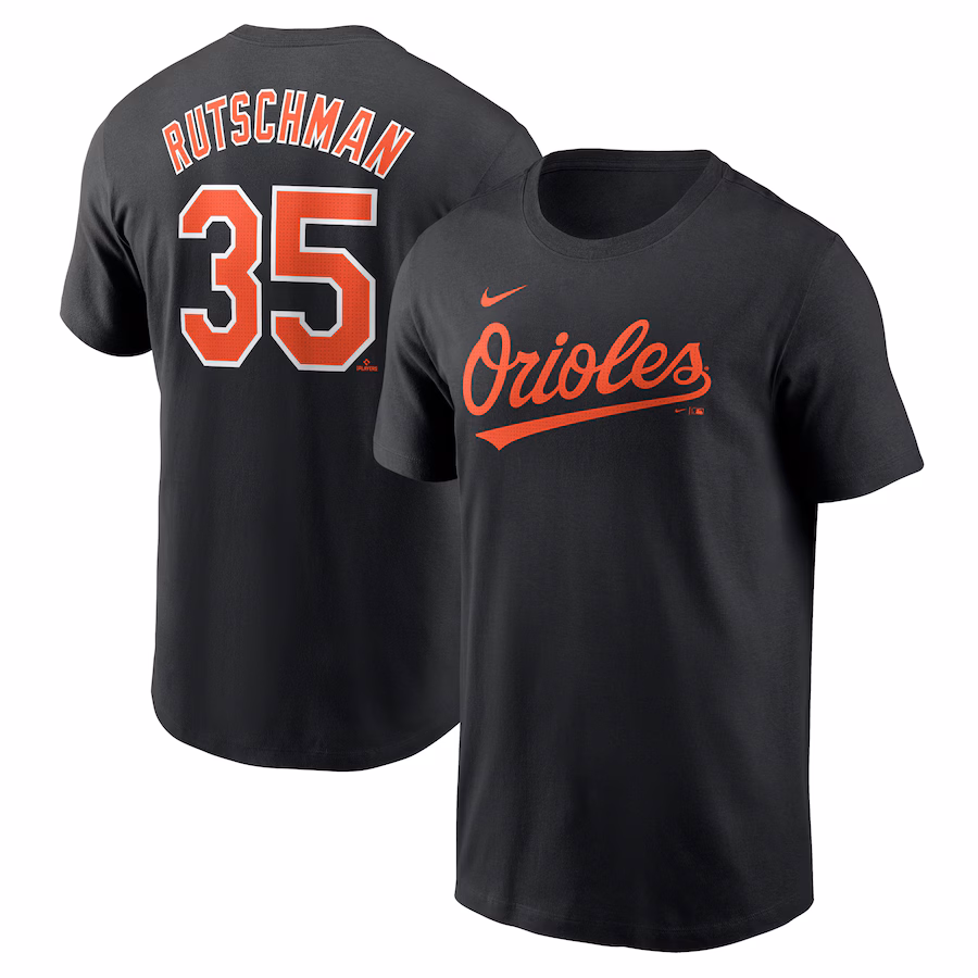 Men's Baltimore Orioles Adley Rutschman Nike Black Fuse Name & Number T-Shirt - ujerseystore