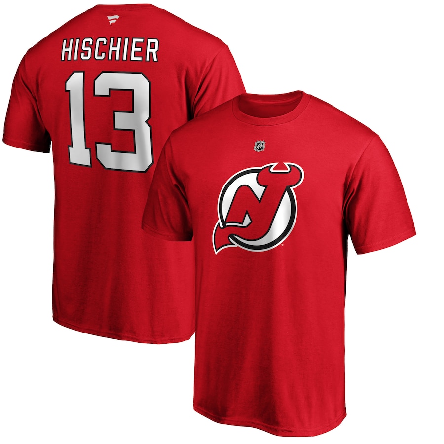 Men's New Jersey Devils Nico Hischier Fanatics Red Team Authentic Stack Name & Number T-Shirt - ujerseystore