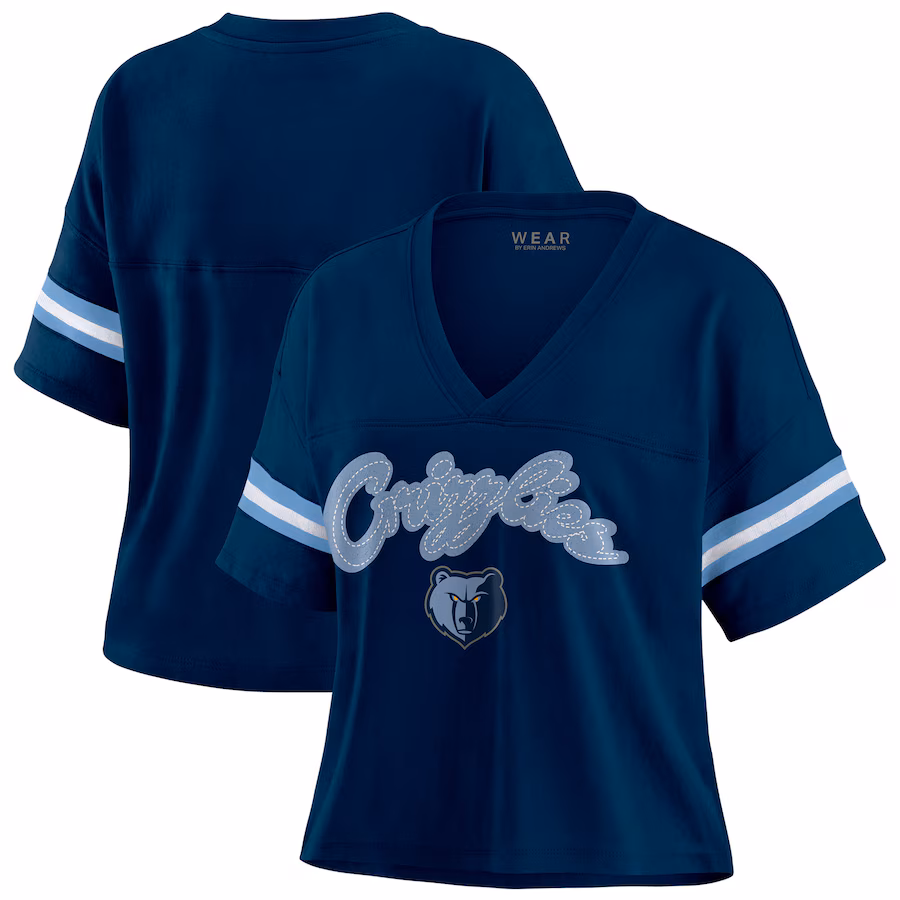Women's Memphis Grizzlies WEAR by Erin Andrews Navy Color Block Boxy V-Neck T-Shirt - ujerseystore