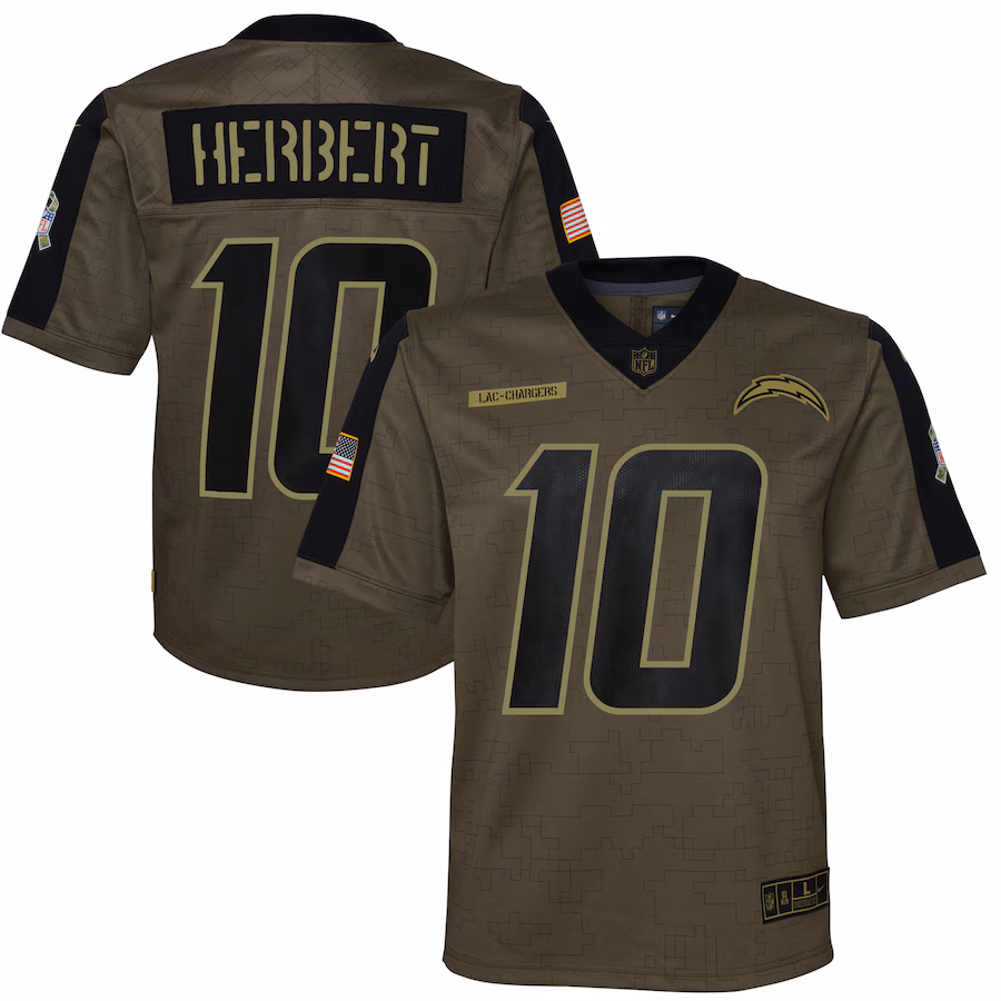 Youth Los Angeles Chargers Justin Herbert Nike Olive 2021 Salute To Service Game Jersey - ujerseystore