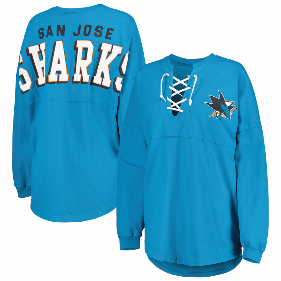 Women's San Jose Sharks Fanatics Teal Spirit Lace-Up V-Neck Long Sleeve Jersey T-Shirt - ujerseystore