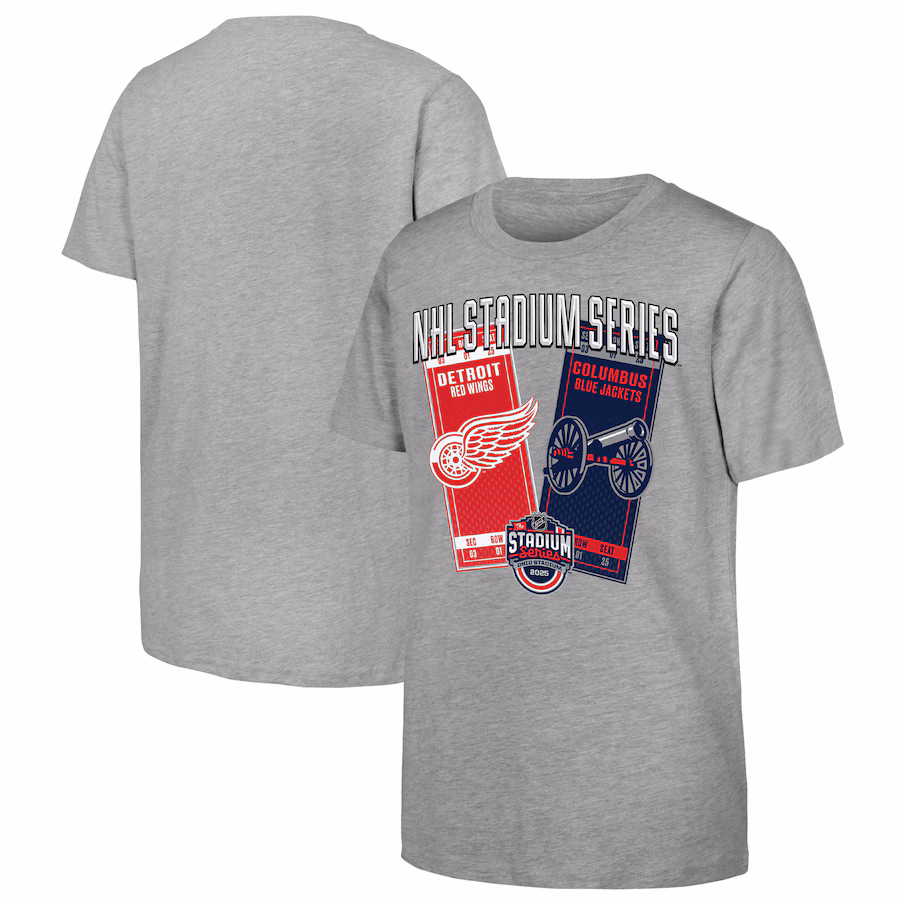 Youth Heather Gray 2025 NHL Stadium Series Columbus Blue Jackets vs. Detroit Red Wings Matchup T-Shirt - ujerseystore
