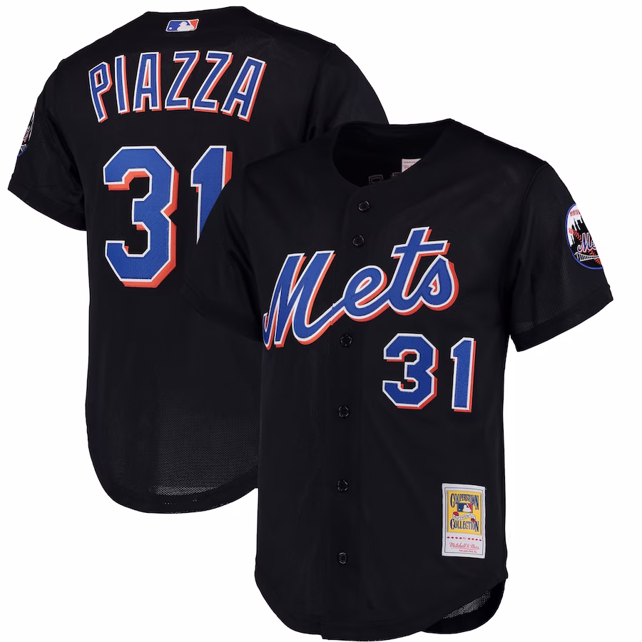 Men's New York Mets Mike Piazza Mitchell & Ness Black Cooperstown Collection Mesh Batting Practice Button-Up Jersey - ujerseystore