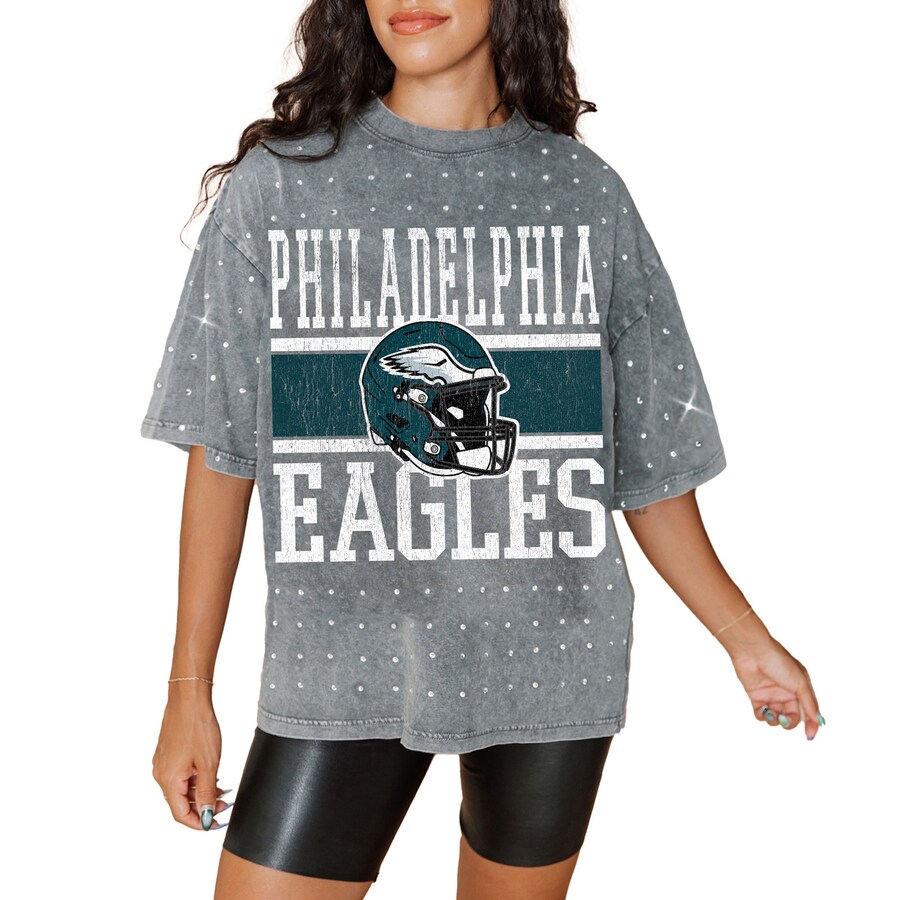 Women's Philadelphia Eagles Gameday Couture Gray Oversized Mini Rhinestone Classic T-Shirt - ujerseystore