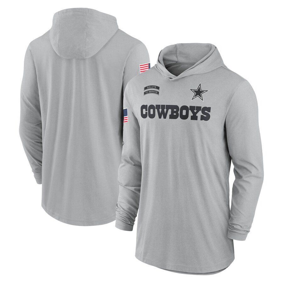 Men's Dallas Cowboys Nike Gray 2024 Salute to Service Lightweight Performance Long Sleeve Hooded T-Shirt - ujerseystore