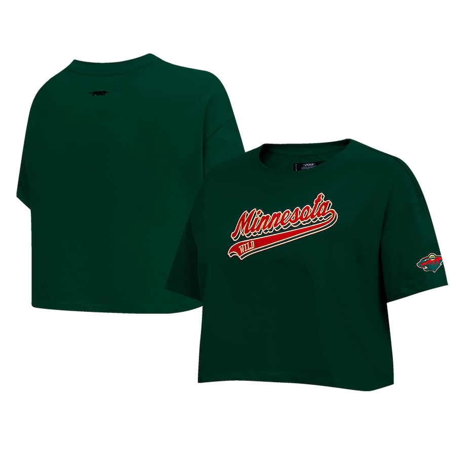 Women's Minnesota Wild Pro Standard Green Boxy Script Tail Cropped T-Shirt - ujerseystore