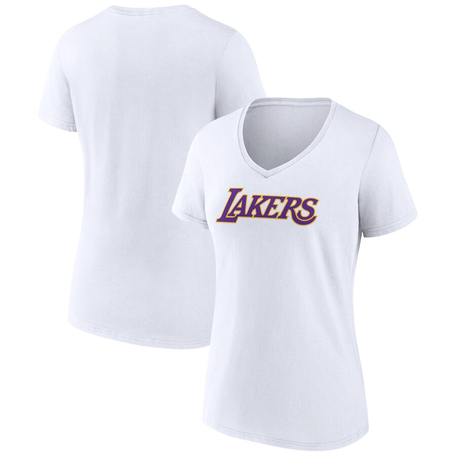 Women's Los Angeles Lakers White Wordmark V-Neck T-Shirt - ujerseystore