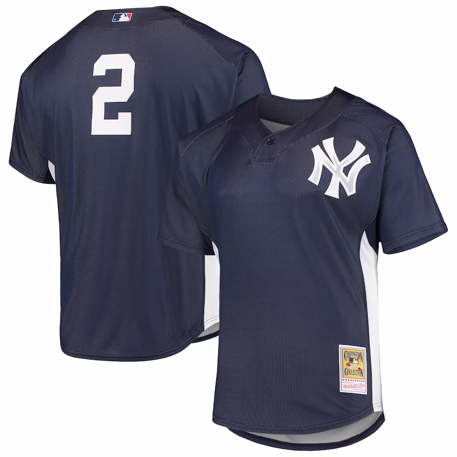 Men's New York Yankees Derek Jeter Mitchell & Ness Navy Cooperstown Collection Mesh Batting Practice Button-Up Jersey - ujerseystore