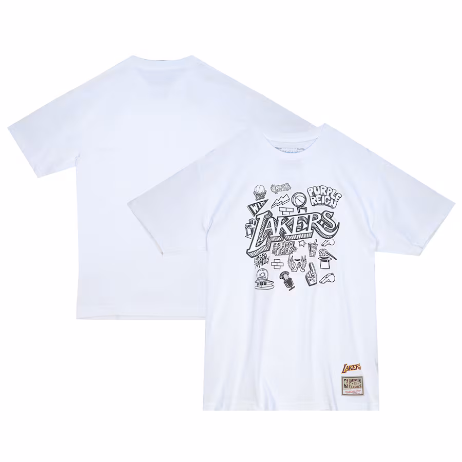 Men's Los Angeles Lakers  Mitchell & Ness White Hardwood Classics Doodle T-Shirt - ujerseystore