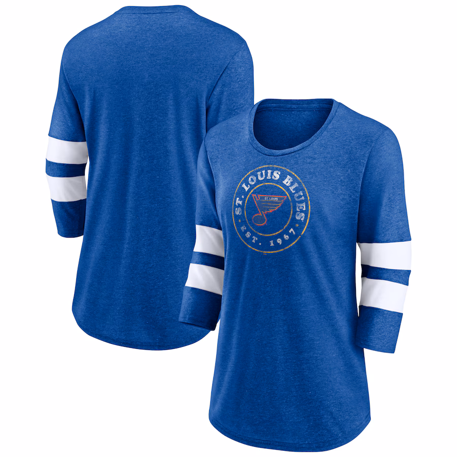 Women's St. Louis Blues Fanatics Heather Blue One Timer Tri-Blend Scoop Neck 3/4-Sleeve T-Shirt - ujerseystore