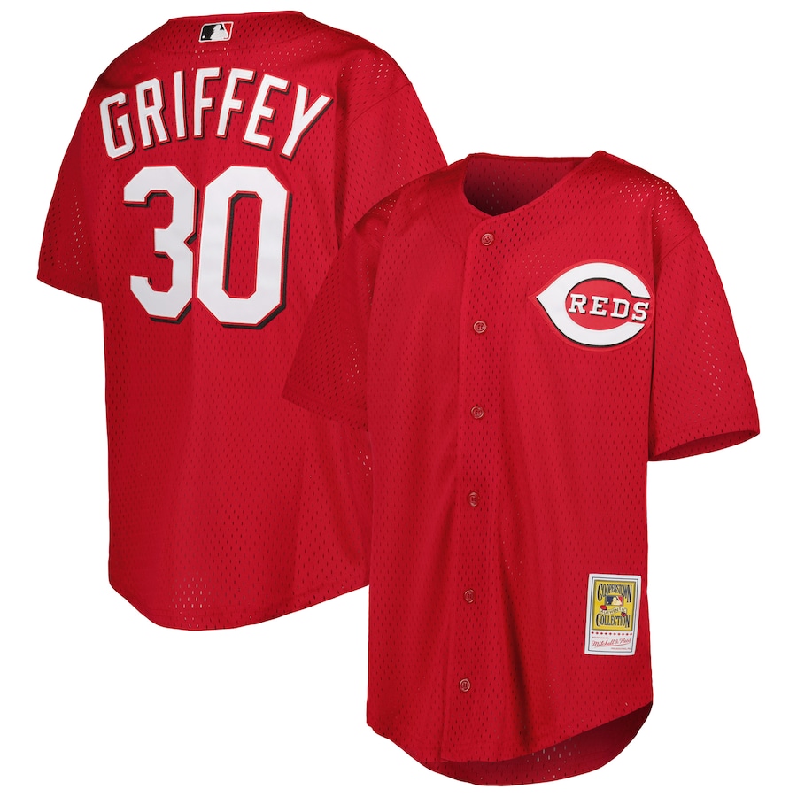Youth Cincinnati Reds Ken Griffey Jr. Mitchell & Ness Red Cooperstown Collection Mesh Batting Practice Jersey - ujerseystore