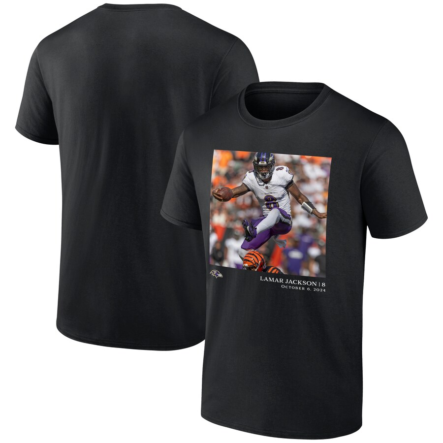 Men's Baltimore Ravens Lamar Jackson Black NFL Flash Features Week 5 T-Shirt - ujerseystore
