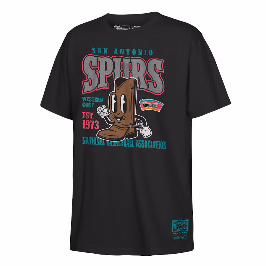 Youth San Antonio Spurs Mitchell & Ness Black Retro Mascot Script T-Shirt - ujerseystore
