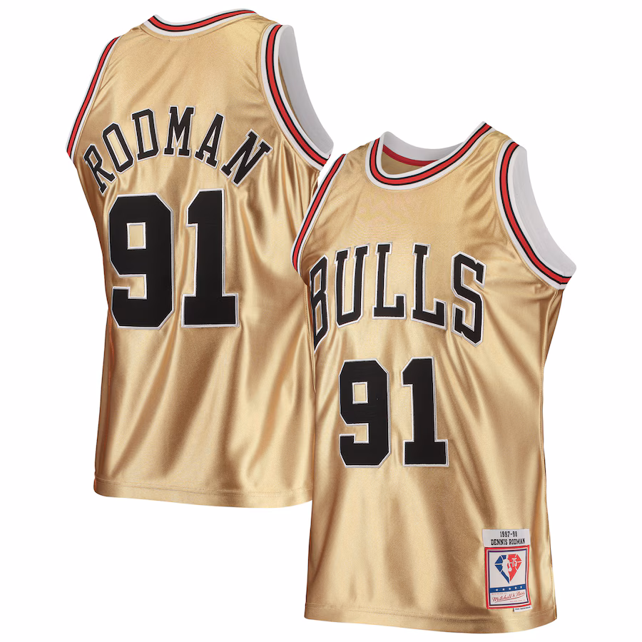 Men's Chicago Bulls Dennis Rodman Gold Mitchell & Ness 75th Anniversary 1997/98 Hardwood Classics Swingman Jersey - ujerseystore