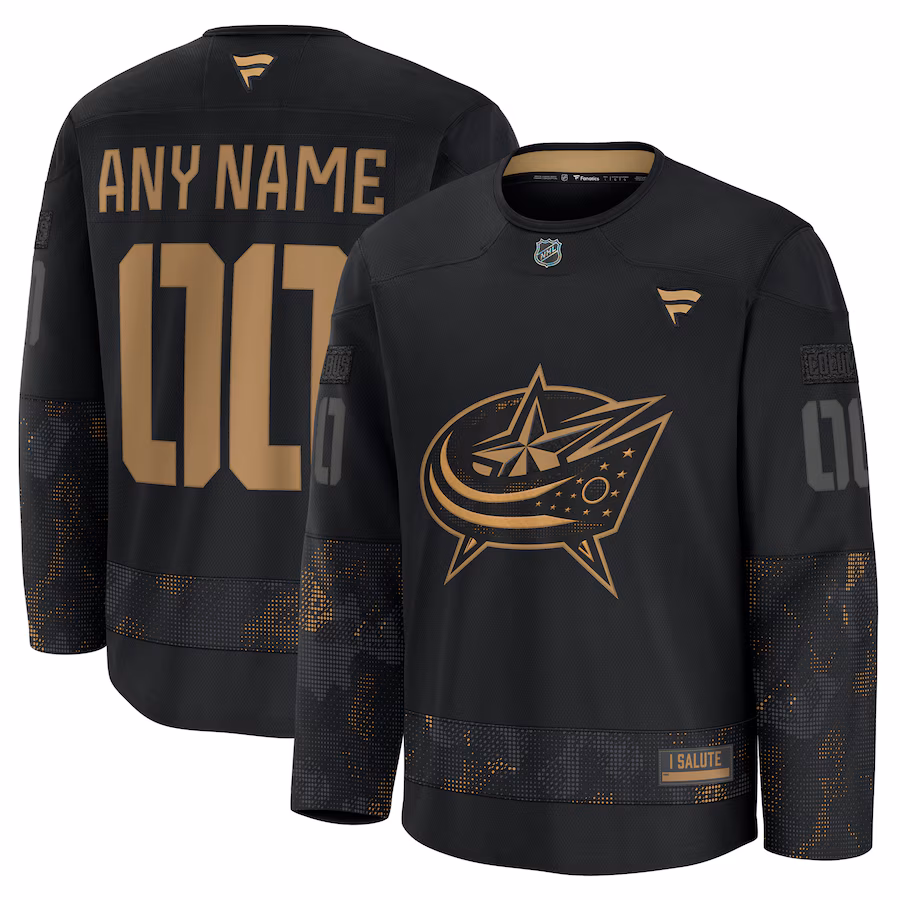 Men's Columbus Blue Jackets Fanatics Black 2024 Military Appreciation Personalized Long Sleeve Practice Jersey - ujerseystore