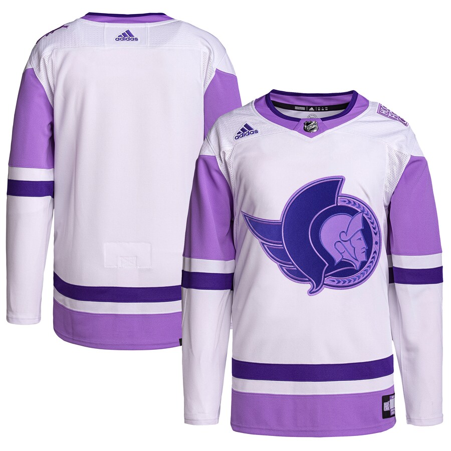 Men's Ottawa Senators adidas White/Purple Hockey Fights Cancer Primegreen Authentic Blank Practice Jersey - ujerseystore