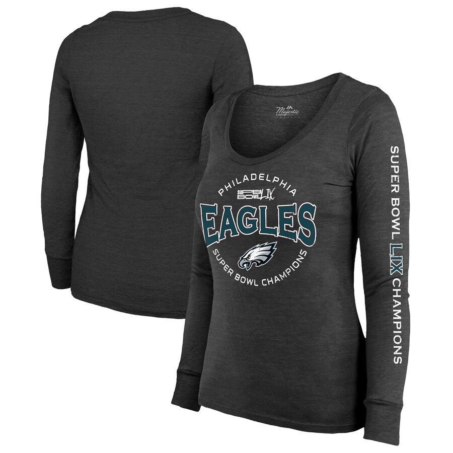 Women's Philadelphia Eagles  Majestic Threads Black Super Bowl LIX Champions Highlight Tri-Blend Scoop Neck Long Sleeve T-Shirt - ujerseystore