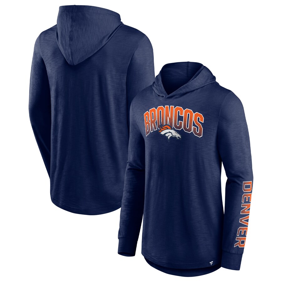 Men's Denver Broncos Fanatics Navy Front Runner Long Sleeve Hooded T-Shirt - ujerseystore