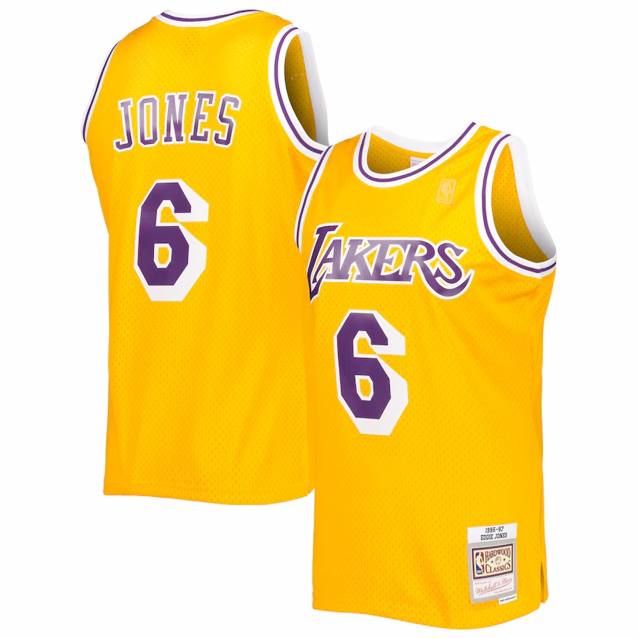 Men's Los Angeles Lakers Eddie Jones Mitchell & Ness Gold 1996/97 Hardwood Classics Swingman Jersey - ujerseystore