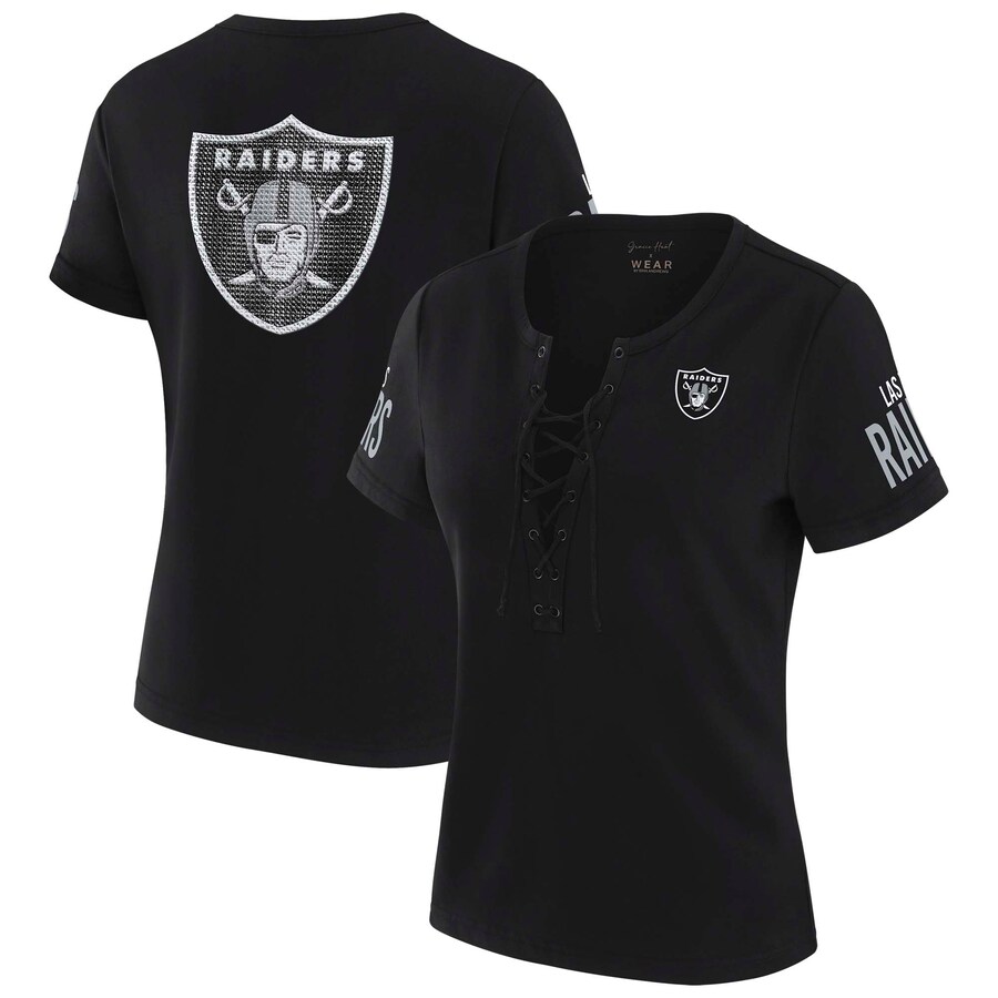 Women's Las Vegas Raiders WEAR by Erin Andrews x Gracie Hunt Black Draft Me Lace-Up T-Shirt - ujerseystore