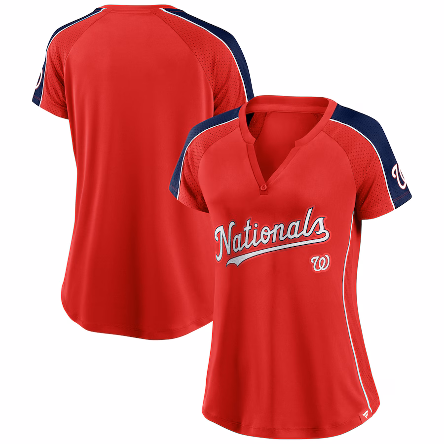 Women's Washington Nationals Fanatics Red Lineup League Diva Raglan Notch Neck T-Shirt - ujerseystore