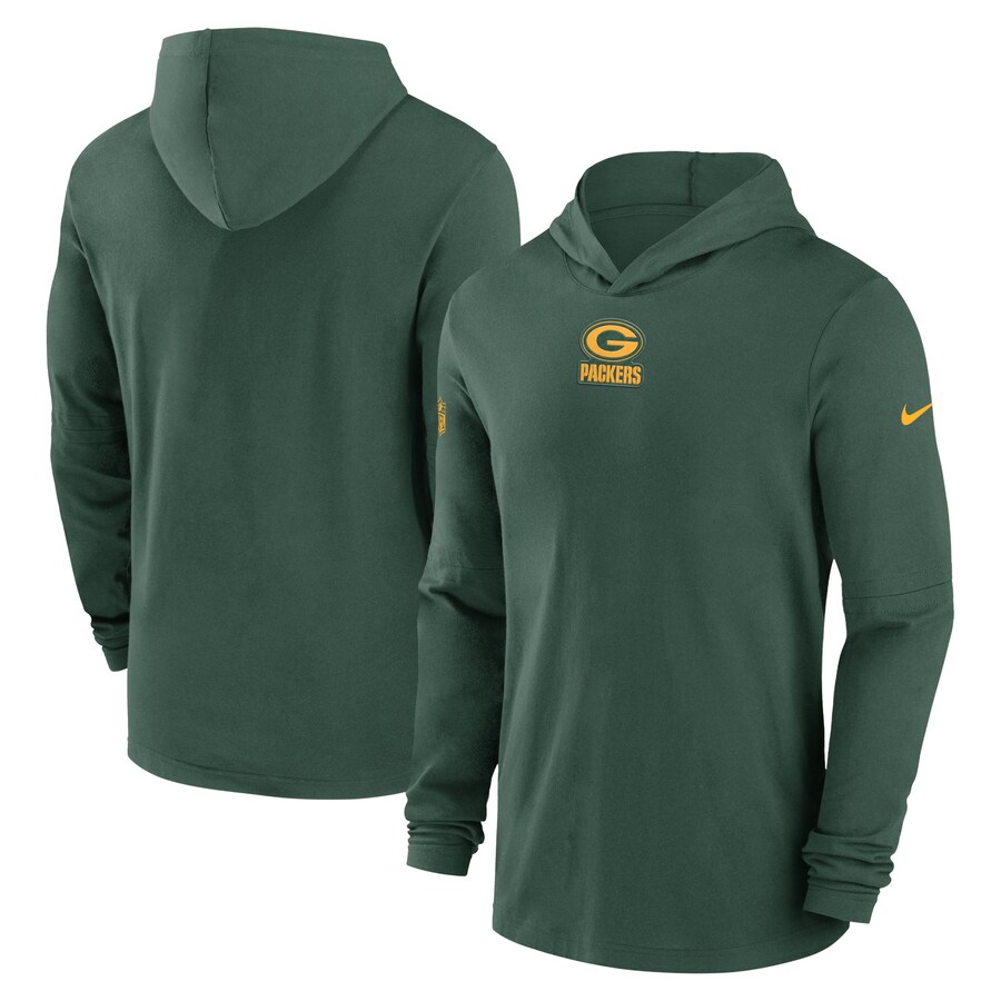 Men's Green Bay Packers Nike Green Sideline Performance Long Sleeve Hoodie T-Shirt - ujerseystore