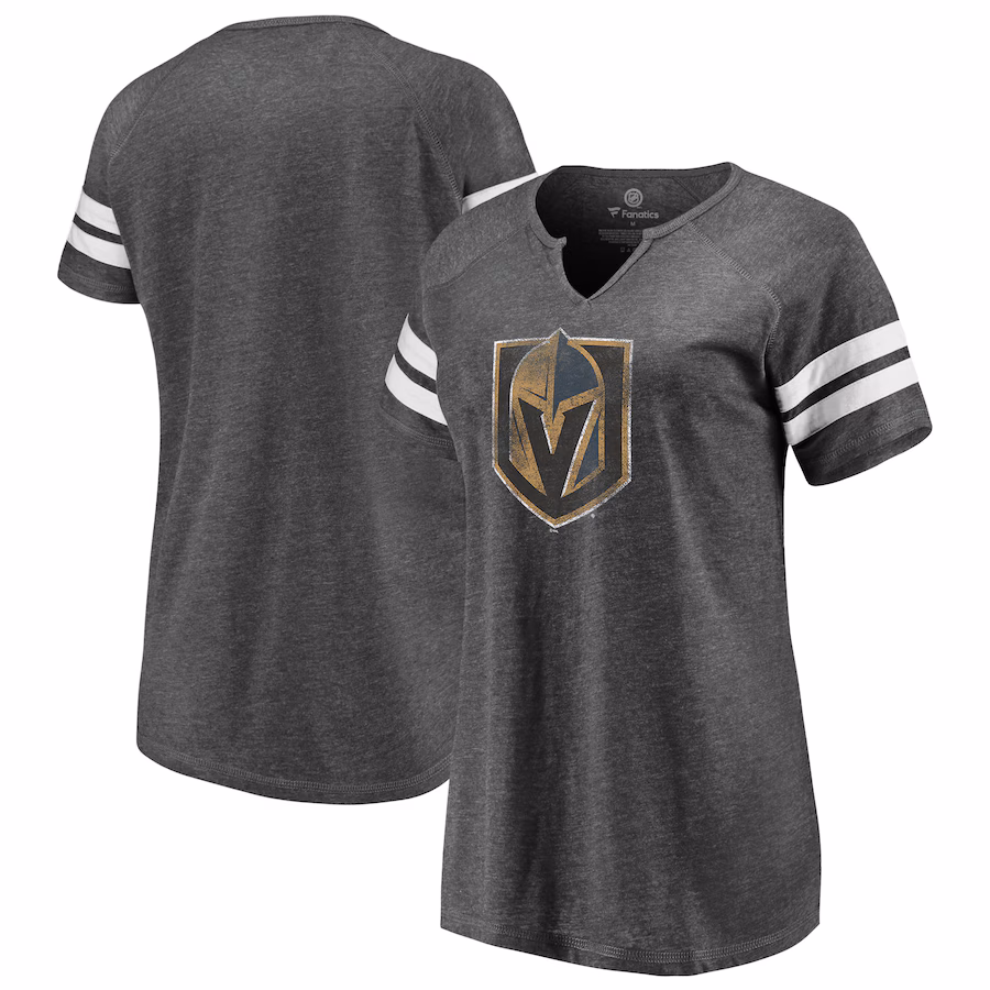 Women's Vegas Golden Knights Fanatics Heather Charcoal Distressed Logo Notch Neck T-Shirt - ujerseystore