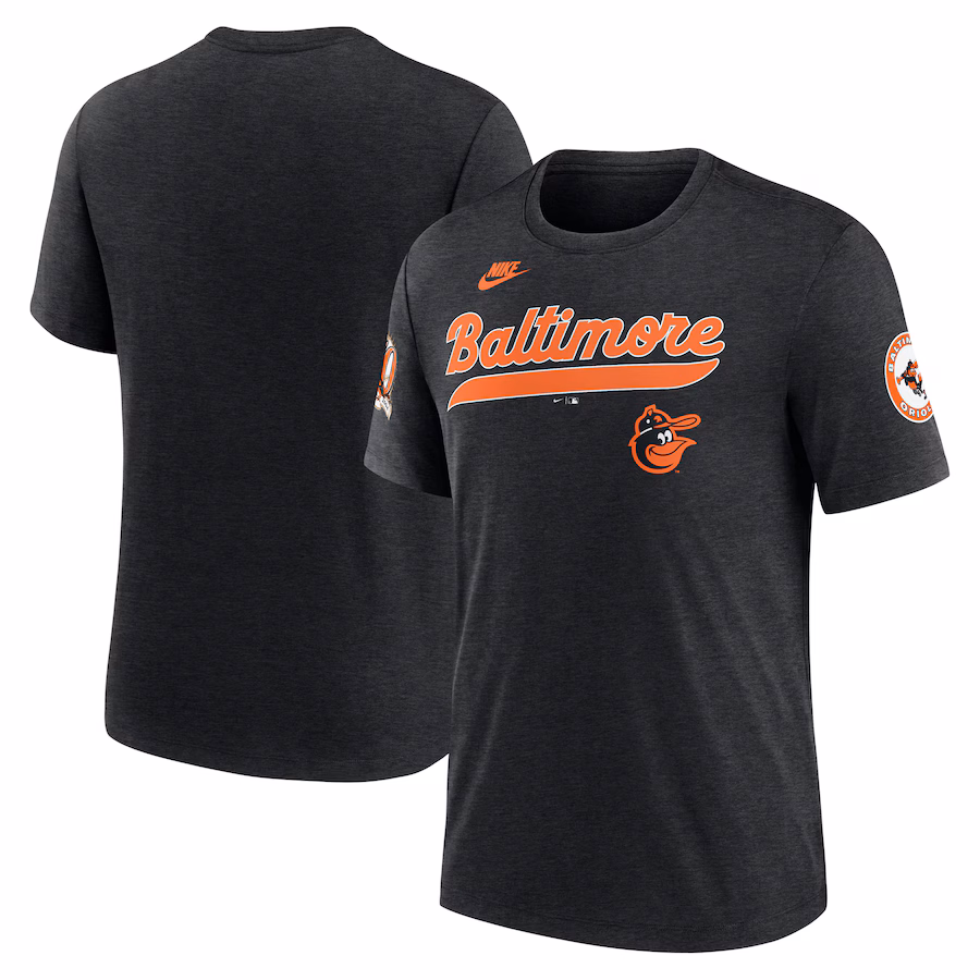 Men's Baltimore Orioles Nike Heather Black Cooperstown Collection Eras Tri-Blend T-Shirt - ujerseystore