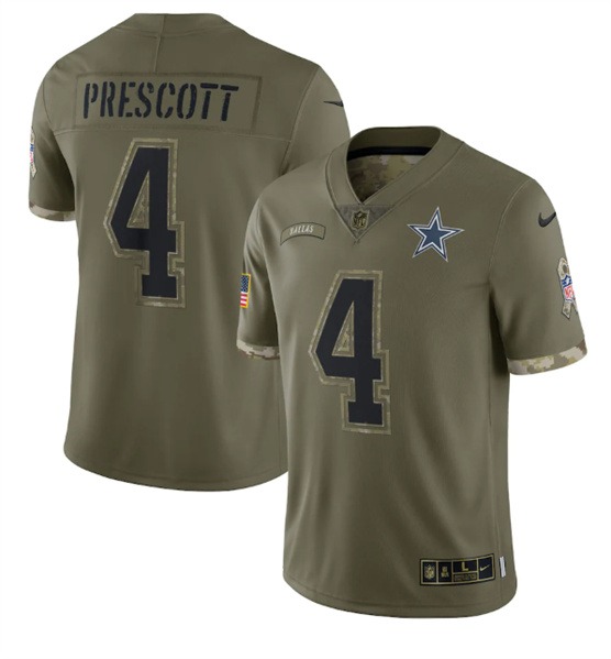Men's Dallas Cowboys #4 Dak Prescott 2022 Olive Salute To Service Limited Stitched Jersey - ujerseystore