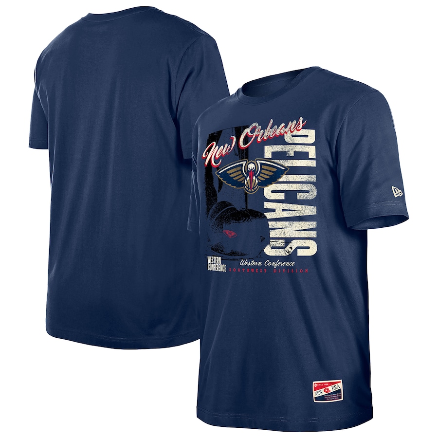 Men's New Orleans Pelicans  New Era Navy Distressed Throwback Vintage Color Pack T-Shirt - ujerseystore